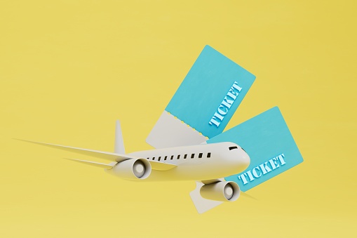 the concept of buying plane tickets. plane and tickets for it on a yellow background. 3D render.