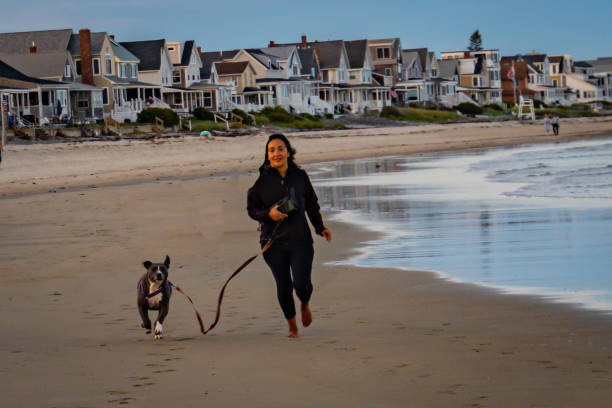 girl  on the beach with her dog