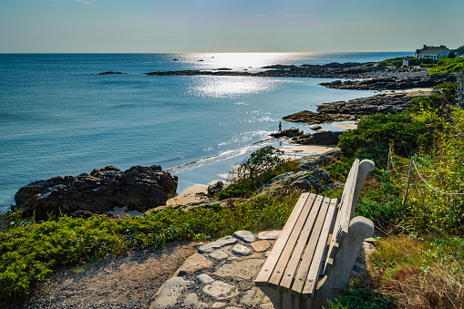 bench to enjoy the view on the Marginal Way path along the Maine Coast in Ogunquit