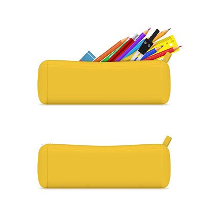 Yellow school pencil case closed and open with stationery set realistic vector illustration. Learning education pupil student textile container with zip filling by pen ruler eraser compass for writing