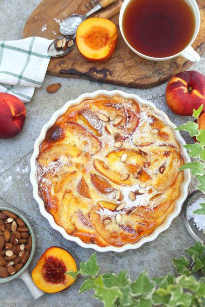 istock Nectarine clafoutis (flan) with almonds, icing sugar dressing and cup of tea 1429145054