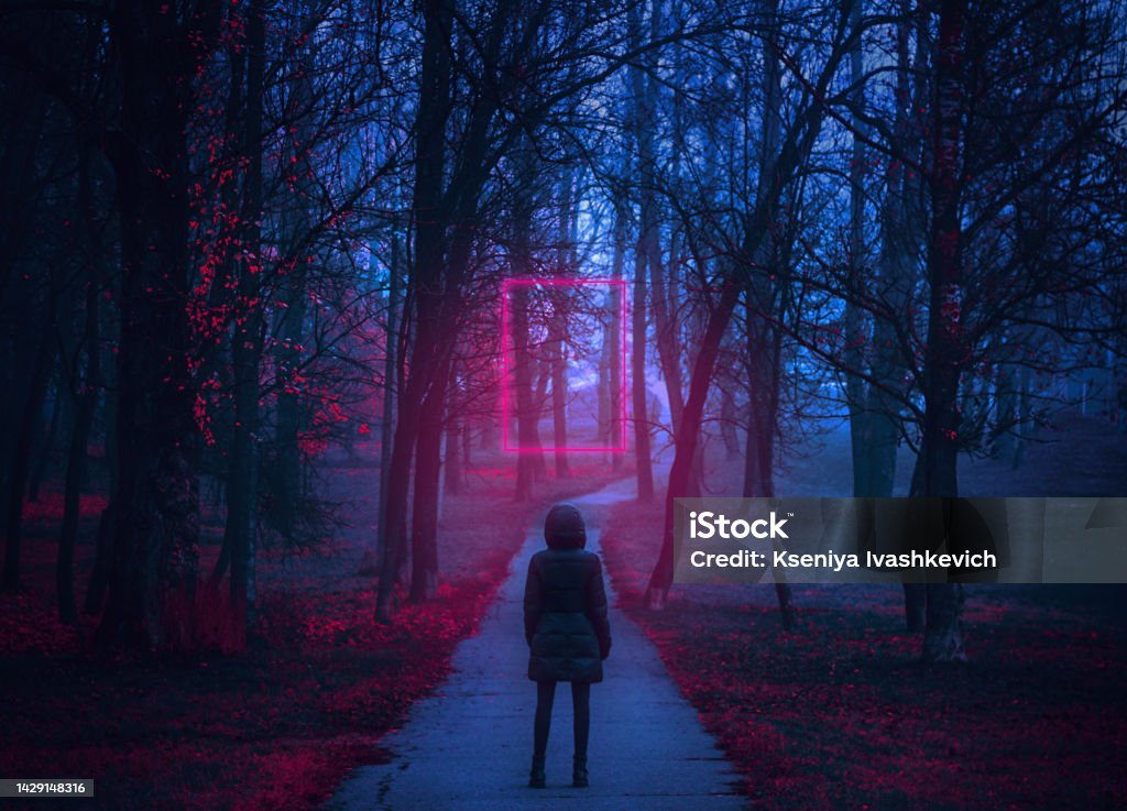 Girl On The Road In A Mysterious Forest Background Wallpaper Strange Forest  Mystic Atmosphere Dark Scary Road Paranormal Another World Ghost In The Fog  The Pursuit Horrible Dream Stock Photo - Download