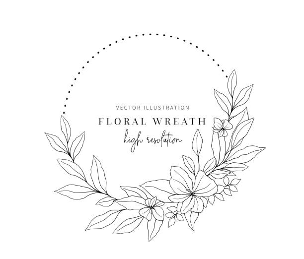 ilustrações, clipart, desenhos animados e ícones de coroa floral desenhada à mão, coroa floral com folhas para convite de casamento. - wedding black and white weddings rose