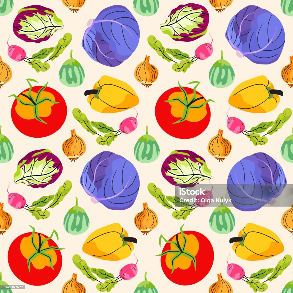Print Design Using Vegetables Vegetables Seamless Pattern Flat Colorful Cabbage Tomato Pepper And ...