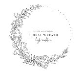 istock Hand drawn floral wreath, Floral wreath with leaves for wedding invitation. 1429150183