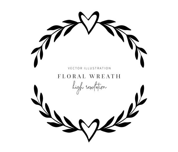 ilustrações, clipart, desenhos animados e ícones de coroa floral desenhada à mão, coroa floral com folhas para convite de casamento. - wedding black and white weddings rose