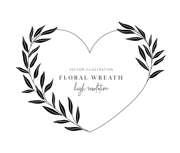 ilustrações, clipart, desenhos animados e ícones de coroa floral desenhada à mão, coroa floral com folhas para convite de casamento. - wedding black and white weddings rose