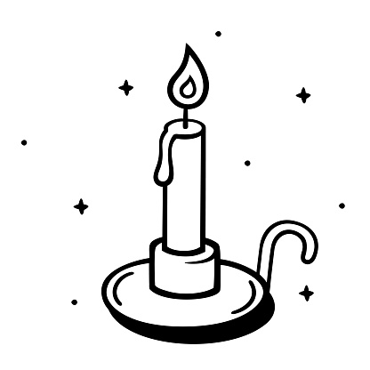 Vector illustration of a hand drawn black and white candle against a white background.
