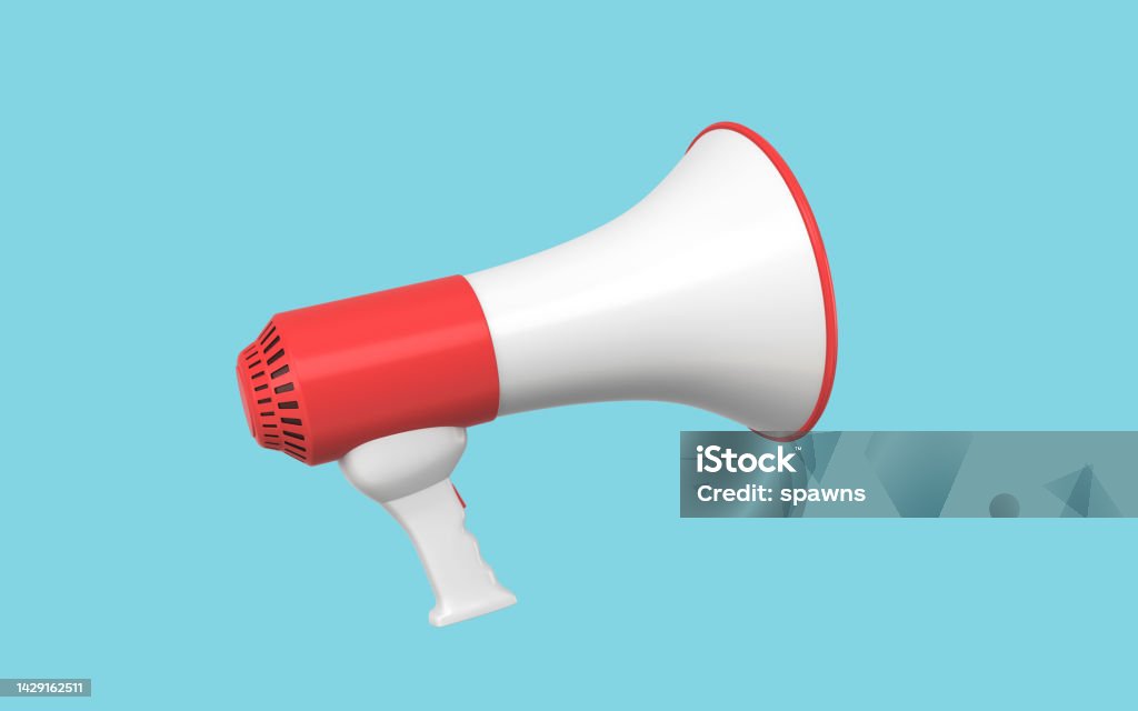 On the turquoise background, red and white color megaphone 3d render On the turquoise background, red and white color megaphone (clipping path) Alertness Stock Photo