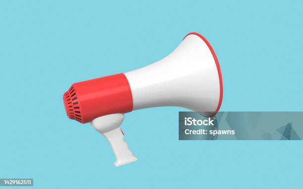 On The Turquoise Background Red And White Color Megaphone Stock Photo - Download Image Now