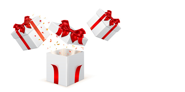 Festive illustration with white gift boxes with red ribbons and bows, pieces of serpentine fly out of it