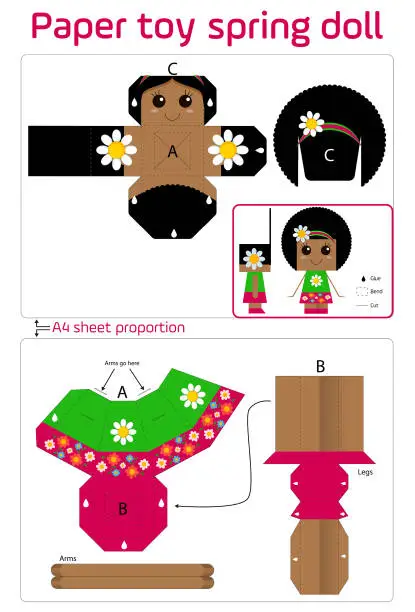 Vector illustration of cut and glue paper doll craft worksheet