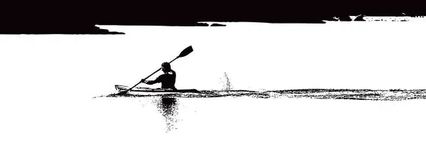 Vector illustration of Adult male Kayaking and paddling on a Lake