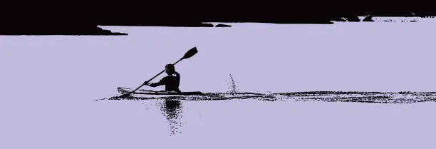 Vector illustration of Adult male Kayaking and paddling on a Lake