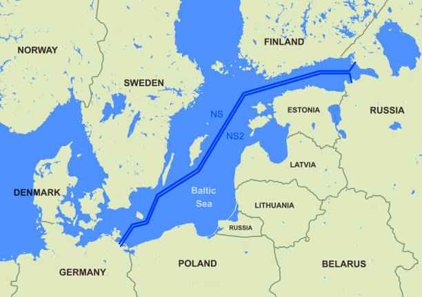 nord stream 1 and 2 on map, natural gas pipelines from russia to germany - nord stream stock illustrations