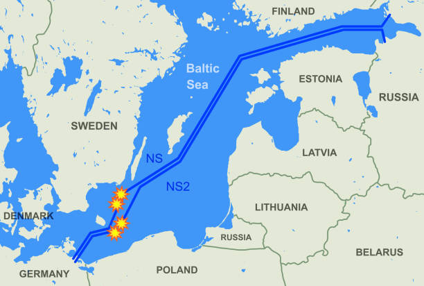 nord stream leak on map, sites of explosions of natural gas pipelines - nord stream stock illustrations