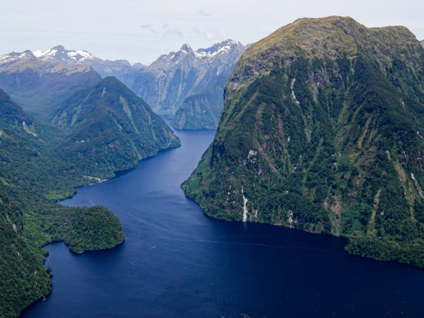 Helicopter views over Doubtful Sound, Fiordland National Park, New Zealand stock photo