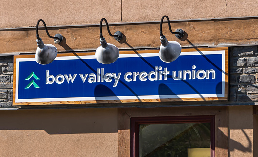 Banff, Alberta, Canada September 20, 2022 The Bow Valley Credit Union sign on the outside if it's building on a late, sunny summer day