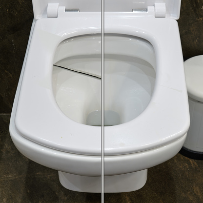 Cracked toilet bowl in the home bathroom before and after repair. A broken and whole bowl in the home toilet