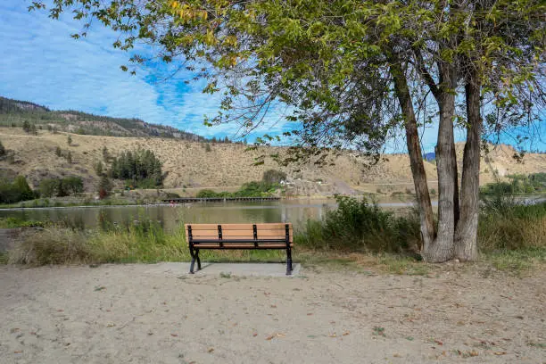 A bench under a shade tree facing Skaka Lake. A place where you can sit, rest, and enjoy the view on the lake and mountains, Okanagan Falls, British-Columbia, Canada