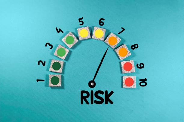 istock Risk level indicator rating print screen wooden cube block since low to high on blue background for Risk management and assessment concept 1429200820