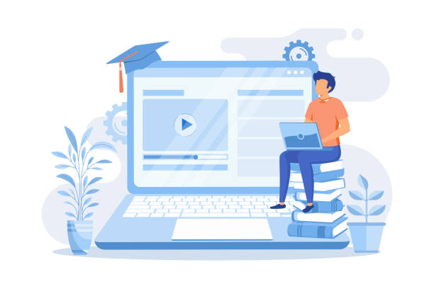 online education platform elearning platform, online teaching, educational courses, video call, webcam conference, laptop screen, webinar flat design modern illustration - 網上學習 幅插畫檔、美工圖案、卡通及圖標