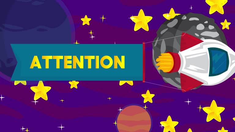 Rocket with Attention Banner in Space. Cartoon Animation.