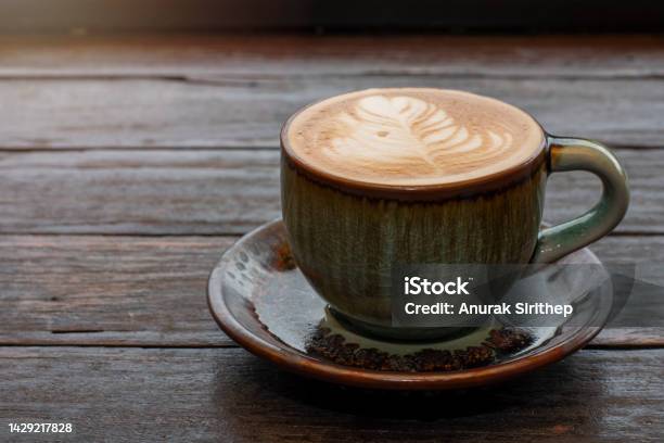 Coffee In Green Cup On Wooden Table In Cafe Stock Photo - Download Image Now - Coffee Cup, Photography, Steam