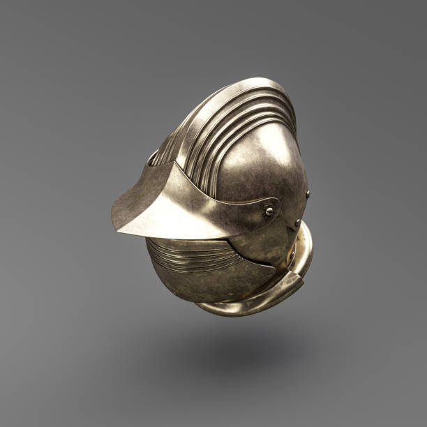 Old metallic ancient soldier helmet. Realistic used warrior shield helm. 3d rendering. Isometric view.