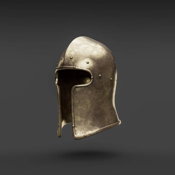 istock Old damaged brass helmet. Metallic warrior helm. Ancient metallic historical face mask armor. 3d rendering. Side view 1429224482