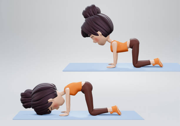 3d render. Woman doing Plank Reach Through pose. , The girl is on all fours in the pose of a good cat. Exercises for the back 3d render. Woman doing Plank Reach Through pose. , The girl is on all fours in the pose of a good cat. Exercises for the back cat pose yoga stock pictures, royalty-free photos & images