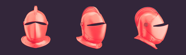 istock Three warrior helmets from 3 view angles, monochrome single color red helm, 3d rendering 1429228218