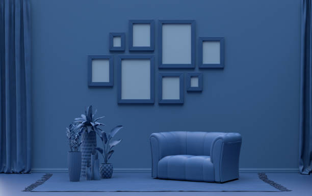 istock flat dark blue color room and plants, gallery wall template with eight frames 1429229226