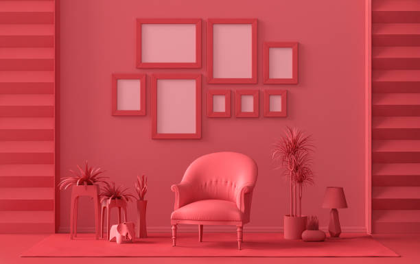 habitación plana de color rojo oscuro, plantilla de pared de galería con ocho marcos - monocromo fotografías e imágenes de stock