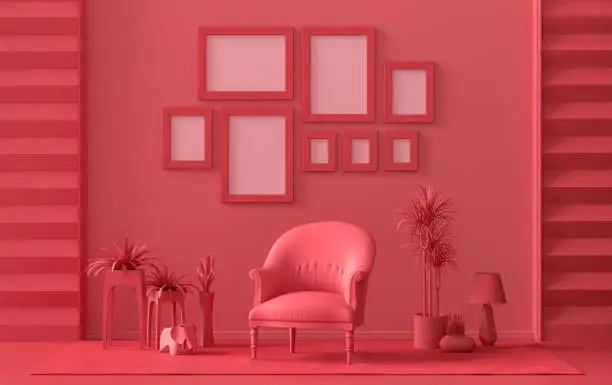 flat dark red room, gallery wall template with eight frames