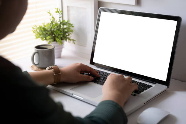 istock Back view creative woman working with laptop computer while sitting in modern office. 1429233617