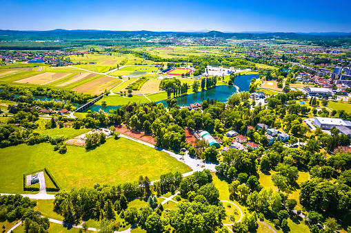 Aerial view of Korana river and green landscape in town of Karlovac, central Croatia