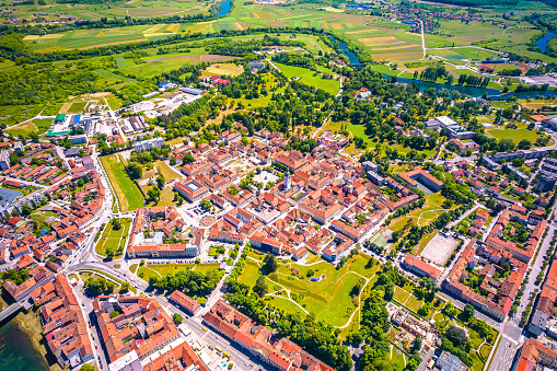 Six pointed star fortress town of Karlovac aerial view, central Croatia