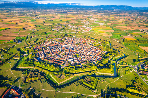 Star shape town of Palmanova defense walls and trenches aerial panoramic view