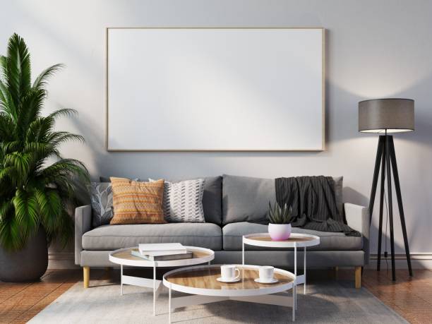 istock mock up poster frame in modern interior wood floor concrete wall background, Scandinavian style, Loft style, 3D render 1429245151