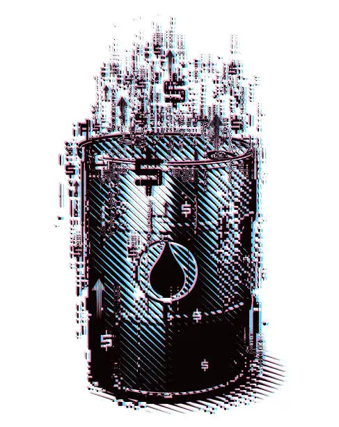 Vector illustration of Oil Drum with rising dollar signs with Glitch Technique