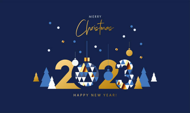 ilustrações de stock, clip art, desenhos animados e ícones de merry christmas and happy new year banner, greeting card, poster, holiday cover. modern xmas design in geometric style with triangle pattern, christmas tree, ball, snow and 2023 number on night blue - xmas modern trees night