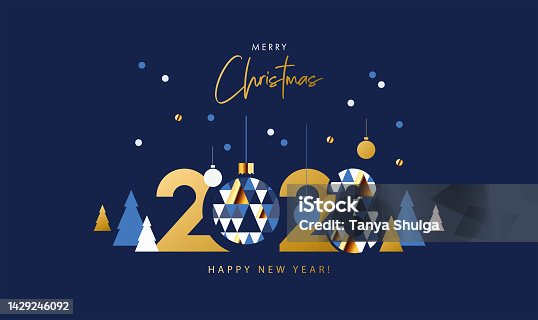 istock Merry Christmas and Happy New Year banner, greeting card, poster, holiday cover. Modern Xmas design in geometric style with triangle pattern, Christmas tree, ball, snow and 2023 number on night blue 1429246092