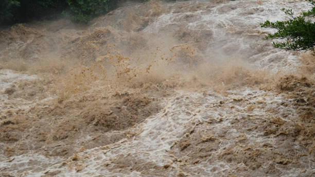 istock Waterfall cataract in forest mountains. Dirty streams are flowing down the mountain slopes of the mountain forest after heavy rains in Thailand. River flood, selective focus. 1429247744