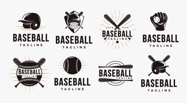 야구 장비 벡터가 있는 야구 로고 벡터 일러스트레이션의 배지 엠블럼 세트 - baseball league stock illustrations