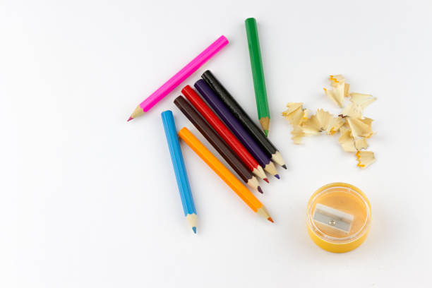 istock Colored pencils, sharpener and pencil shavings 1429251305