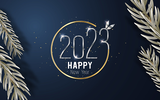 Happy New Year 2023. Hanging metal number and christmas tree branches on blue gradient background.
