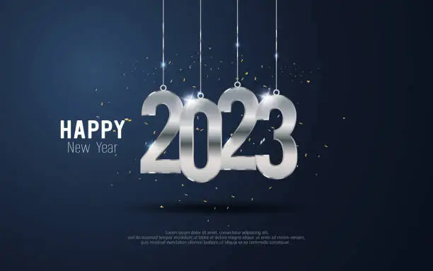 Happy New Year 2023. Hanging metal number and strew ribbon on blue gradient background.