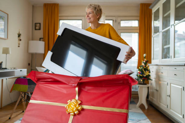 Large TV set as a Christmas gift stock photo