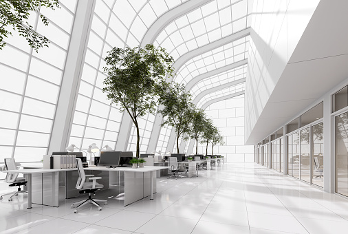 Minimal style modren white high and open office 3d render The room is comfortable and bright with natural light from many windows furnished with black and white furniture, decorated with big trees